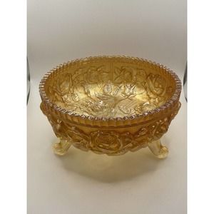 Vintage Imperial Glass Marigold Yellow Rose Sawtooth Footed Bowl